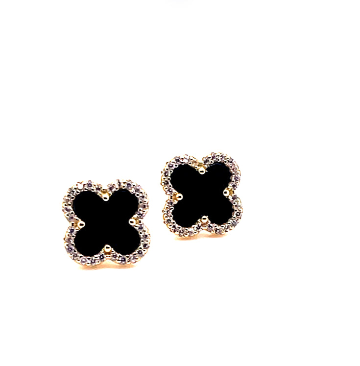 Sterling Silver Gold Plated Clover Earrings With Cz Black Centre Stone