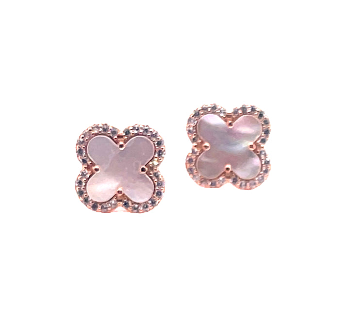 Sterling Silver Rose Gold Plated Clover Earrings With Cz Mop Centre Stone