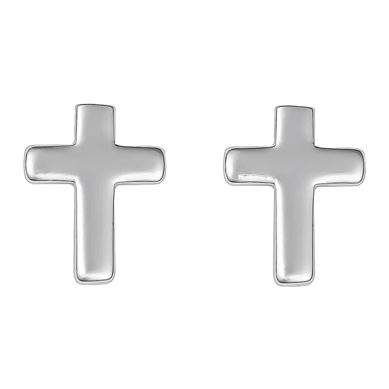 Rhodium Plated Sterling Silver Cross Stud Earrings