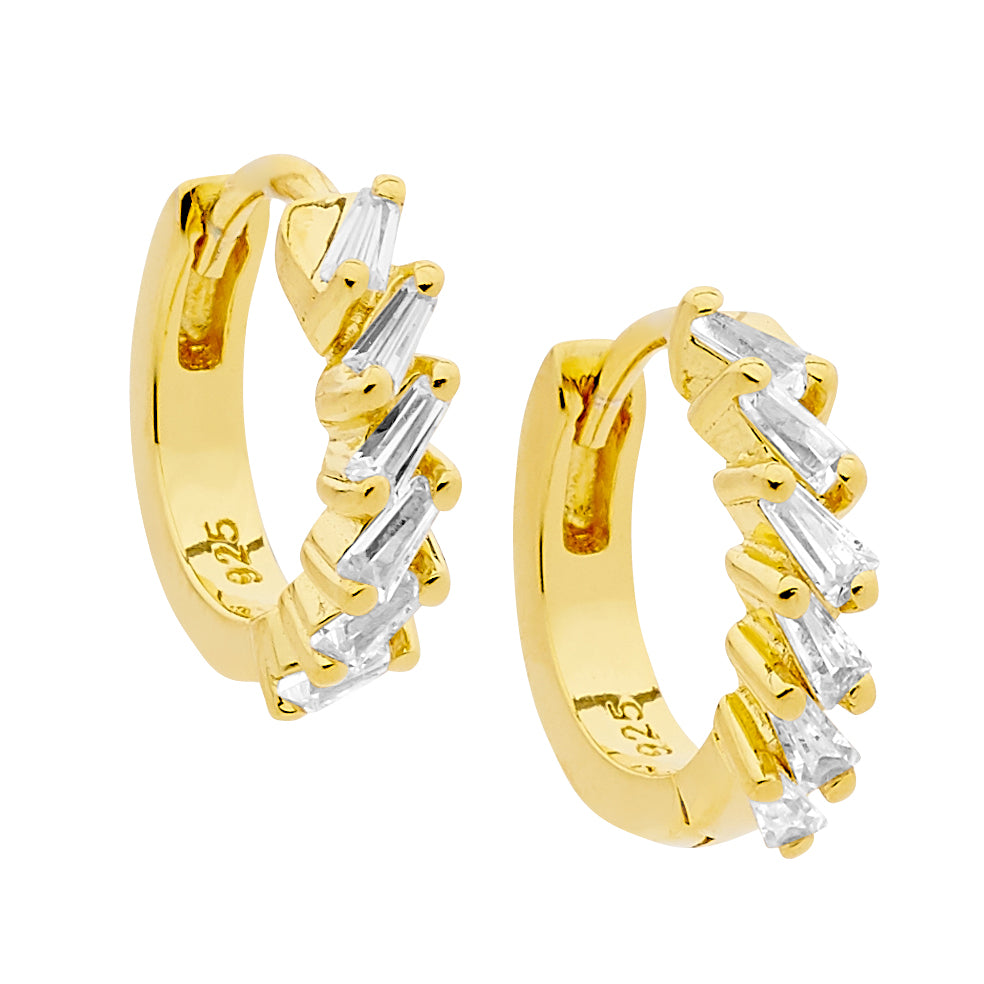 SS WH CZ tapered baguette 13mm hoop earrings w/ gold plating - RRP $99