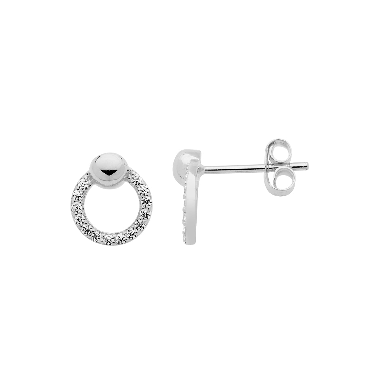 SS WH CZ 9mm open circle earrings, ball feature - RRP $69