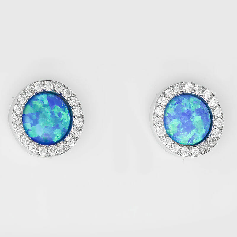 Rhodium Plated Sterling Silver Blue Opalite CZ round Studs – 10X10mm