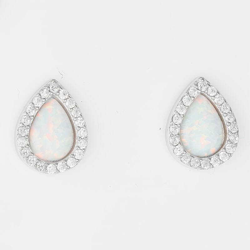 Rhodium Plated Sterling Silver White Pear Teardrop Created Opal And CZ Stud Earrings – 10X13mm