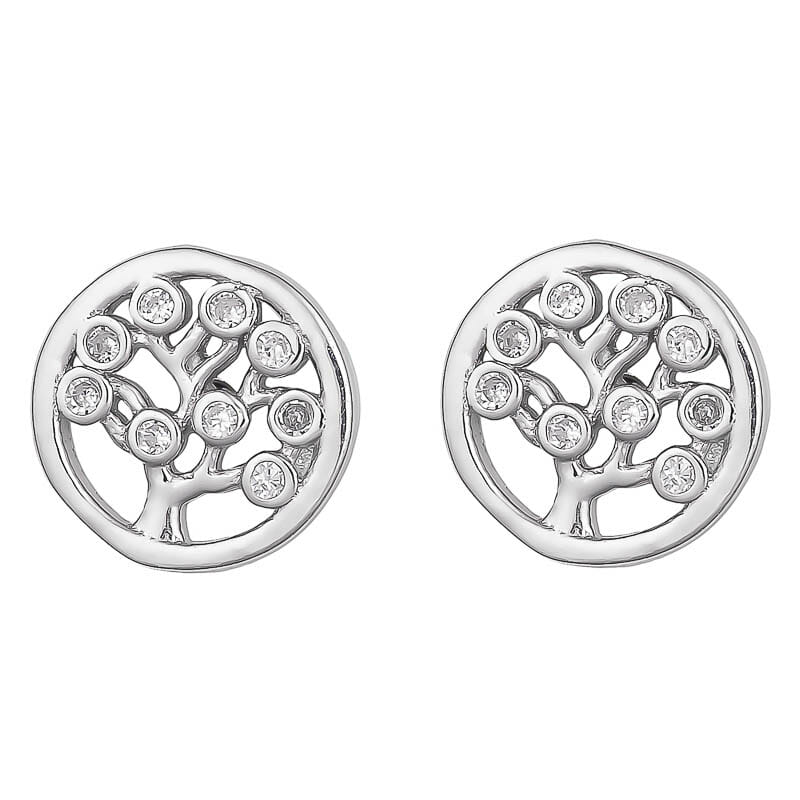 8.5mm Rhodium Plated Sterling Silver Tree Of Life CZ Earrings