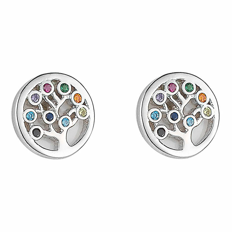 8.5mm Rhodium Plated Sterling Silver Rainbow CZ Tree of Life Earrings
