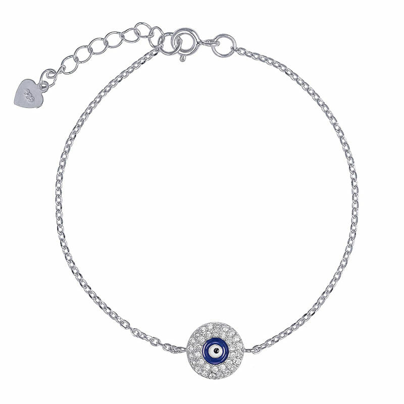 Rhodium Plated Sterling Silver Blue Evil Eye CZ Bracelet