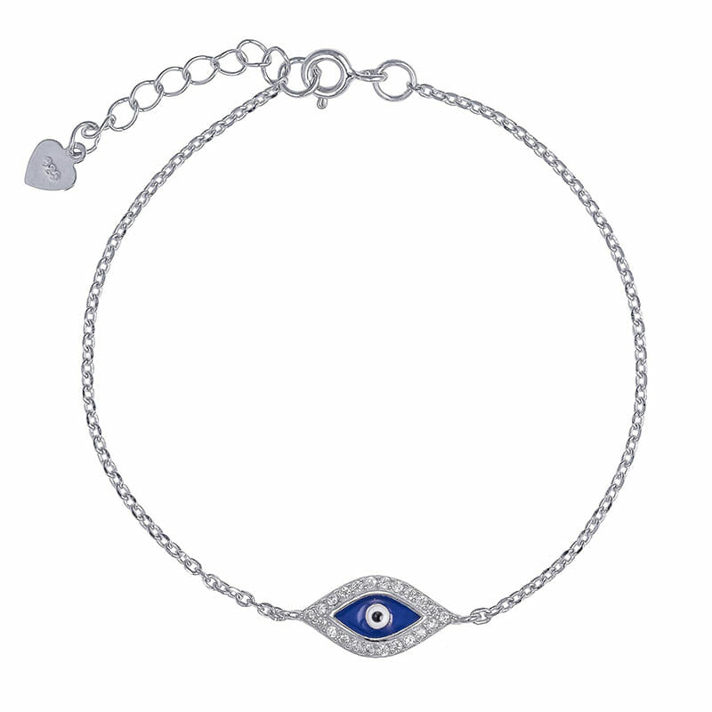 Rhodium Plated Sterling Silver Dark Blue Enamel Evil Eye CZ Bracelet