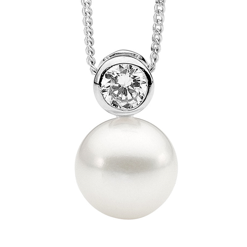 SS 4mm Bezel Set WH CZ w/ 9mm Freshwater Pearl Pendant - RRP $49