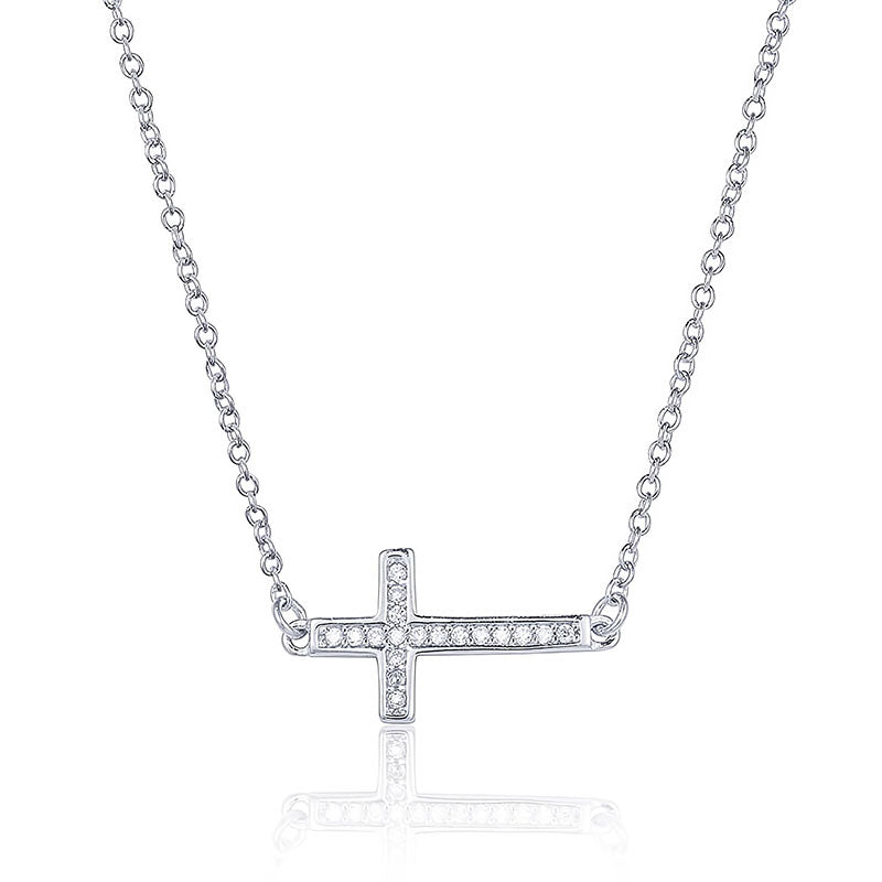 Rhodium Plated Sterling Silver CZ Cross Necklace