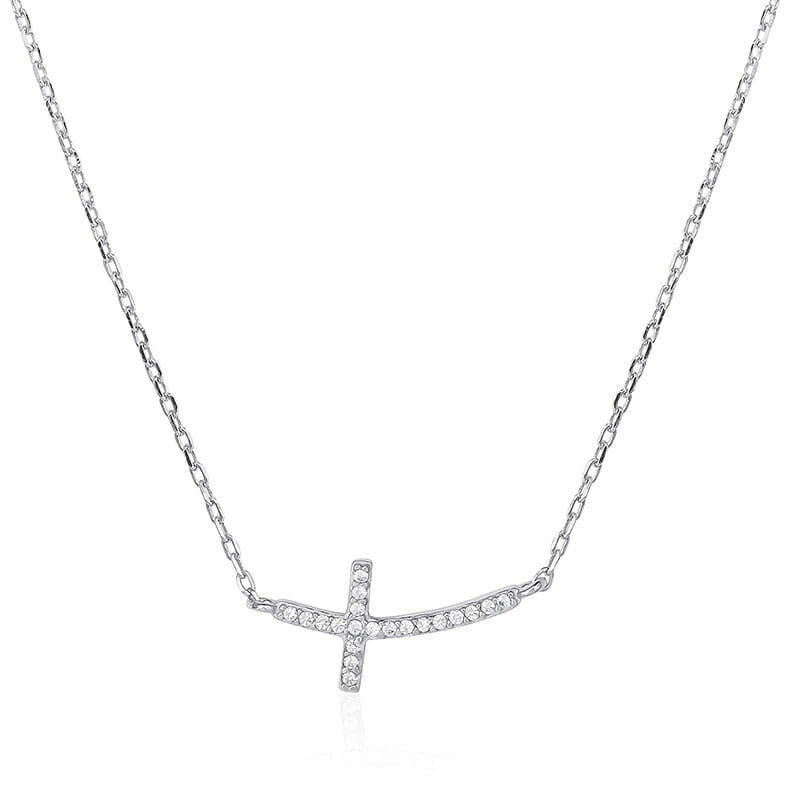 Rhodium Plated Sterling Silver Horizontal Curved CZ Cross Necklace