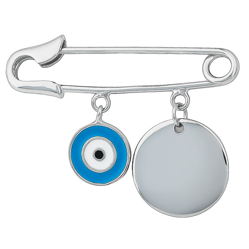 Rhodium Plated Sterling Silver Round Engravable Disk With Light Blue Enamel Baby Pin