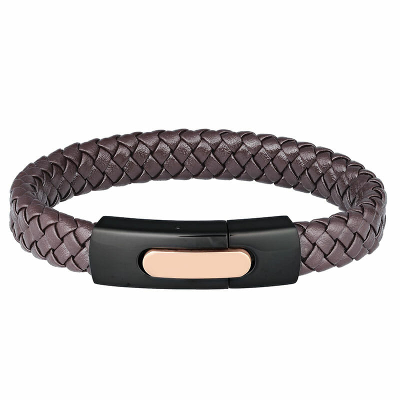 12mm Brown Leather Bracelet With Rose Gold And Black Plated Clip - 23cn