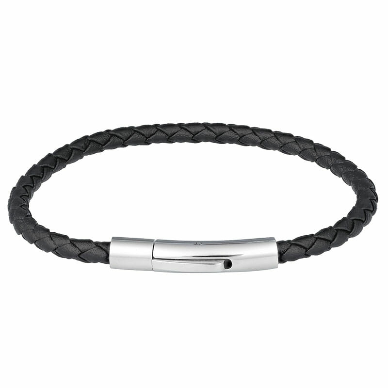 4mm Mens Black Leather Stainlees Steel Bangle Bracelet With Shiny Clip - 18cm