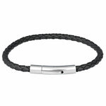 4mm Mens Black Leather Stainless Steel Bangle Bracelet With Shiny Clip