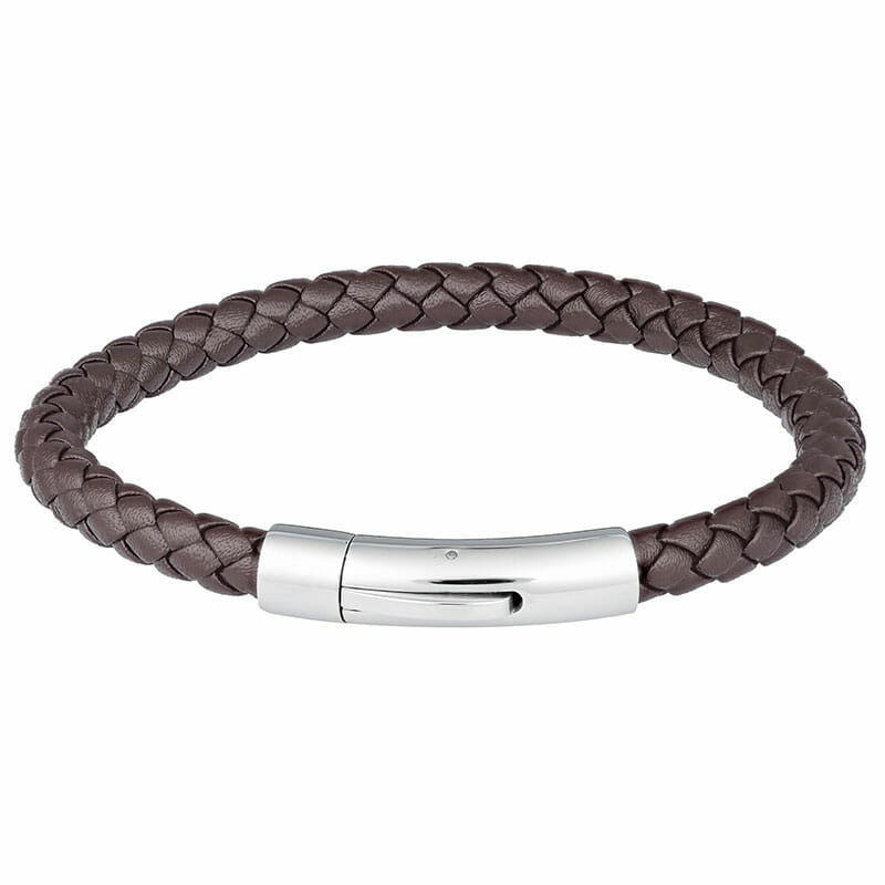 6mm Mens Brown Leather Stainless Steel Bangle Bracelet With Shiny Clip