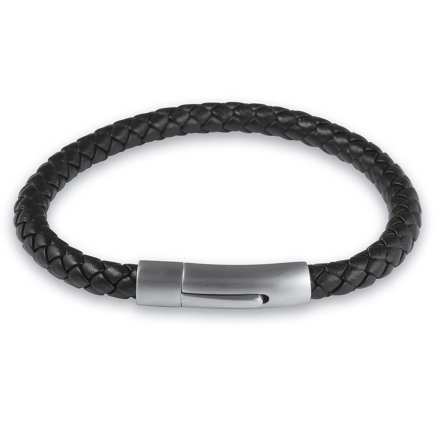 6mm Mens Black Leather Stainless Steel Bangle Bracelet With Matt Clip