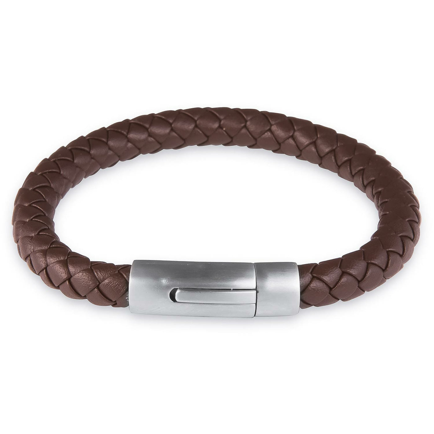 8mm Mens Brown Leather Stainless Steel Bangle Bracelet With Matt Clip
