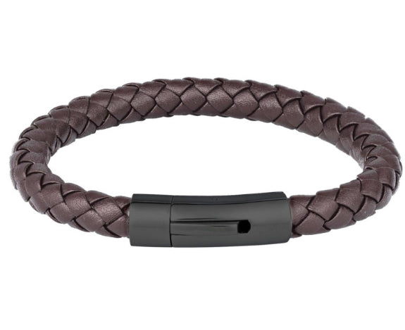 8Mm Brown Leather Bangle Bracelet With Black Stainless Steel Clip 22Cm