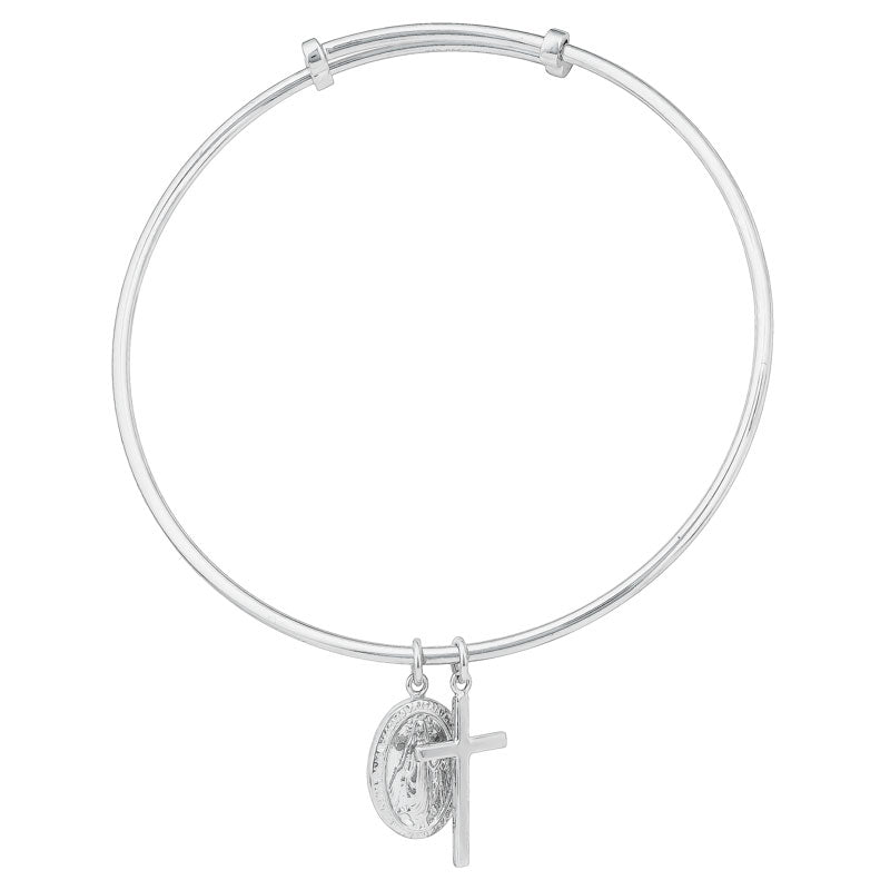 60mm Adjustable Rhodium Plated Sterling Silver Bangle with Mary Medallion and Cross