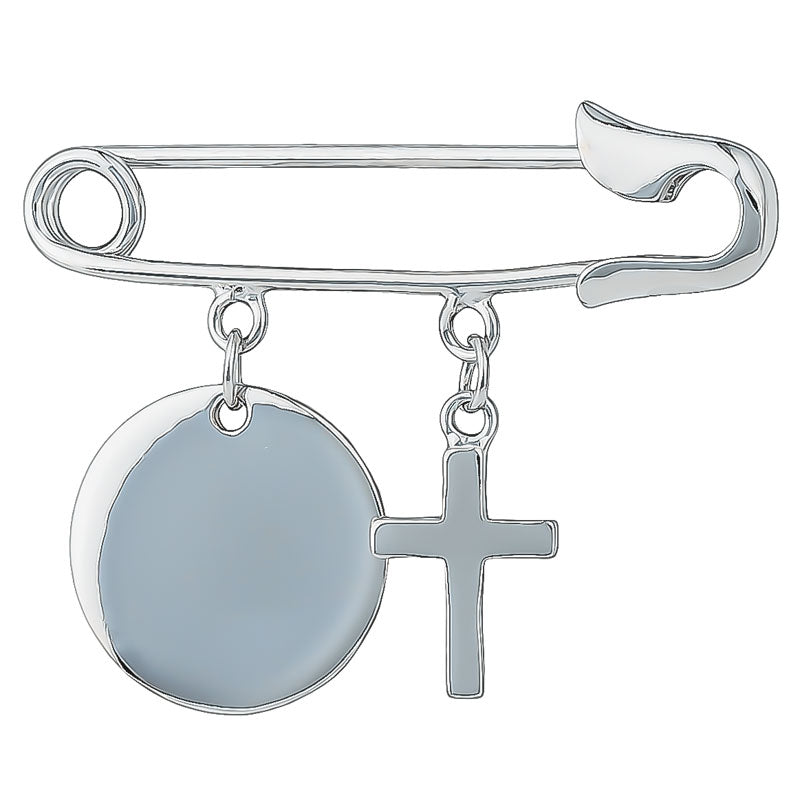 Rhodium Plated Sterling Silver Plain Round Engravable Baby Pin With Cross