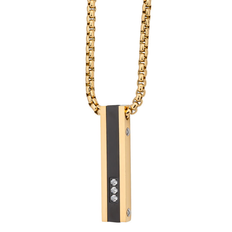 Yellow Gold and Black IP Plated Stainless Steel ID Tag with 3 CZ Necklace
