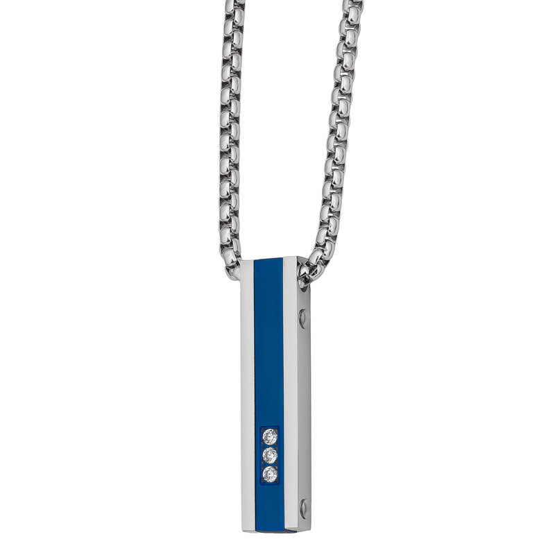 Silver and Blue Plated Stainless Steel ID Tag with 3 CZ Necklace