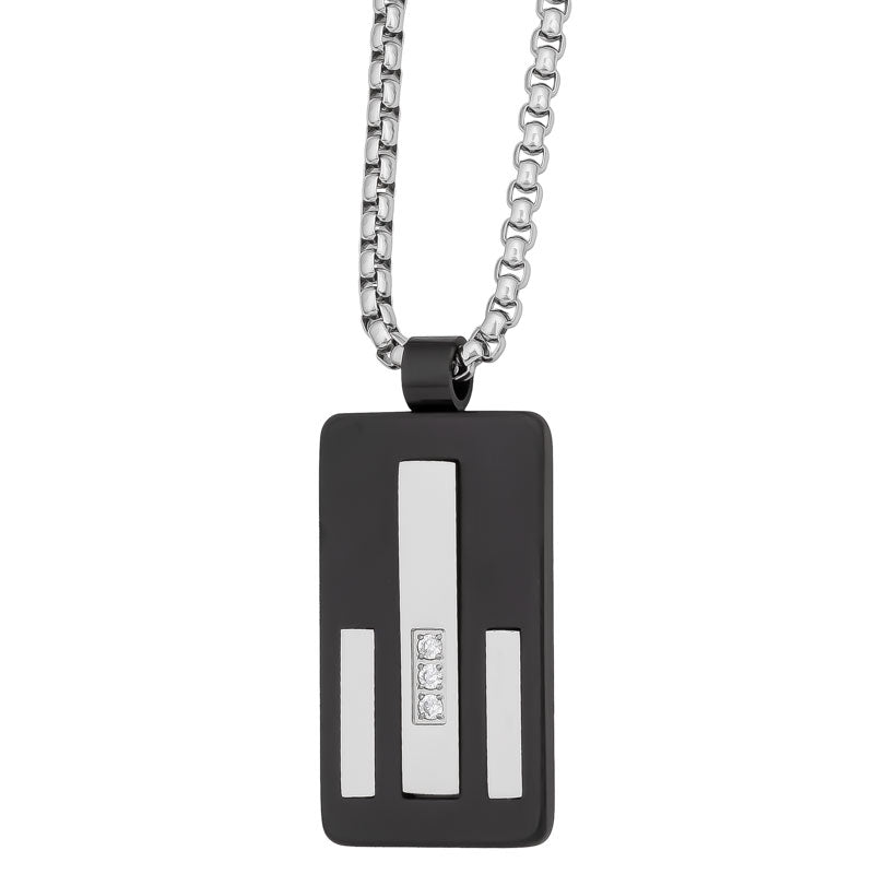 Silver and Black IP Plated Stainless Steel ID Tag with 3 CZ Necklace