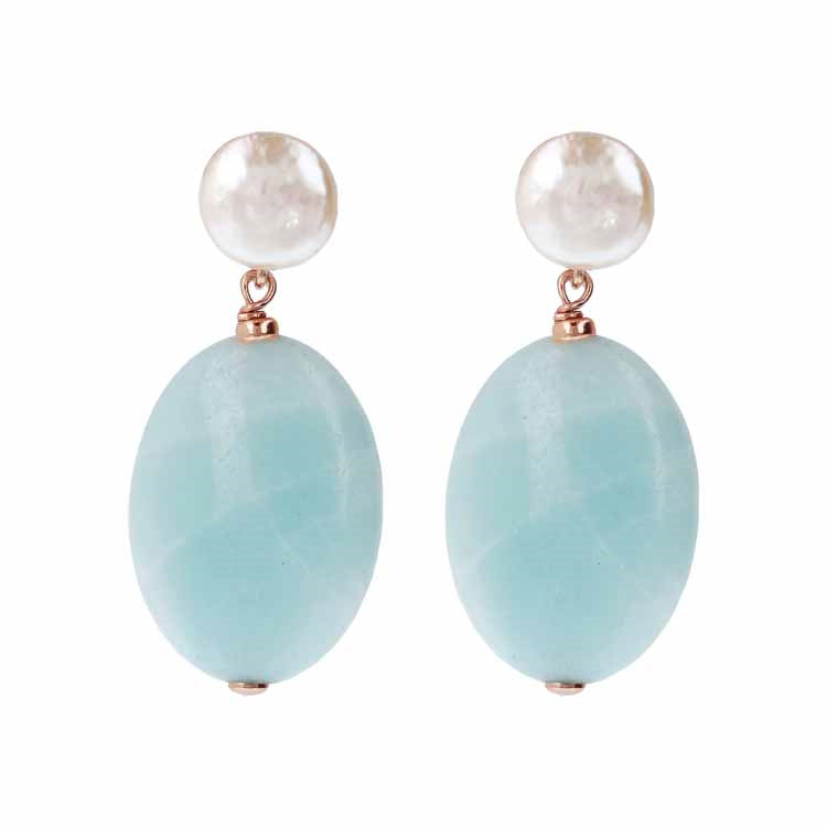 Bronzallure Variegata Pearls and Natural Stones Dangle Earrings Amazonite and Freshwater Pearl WSBZ01404.AZ