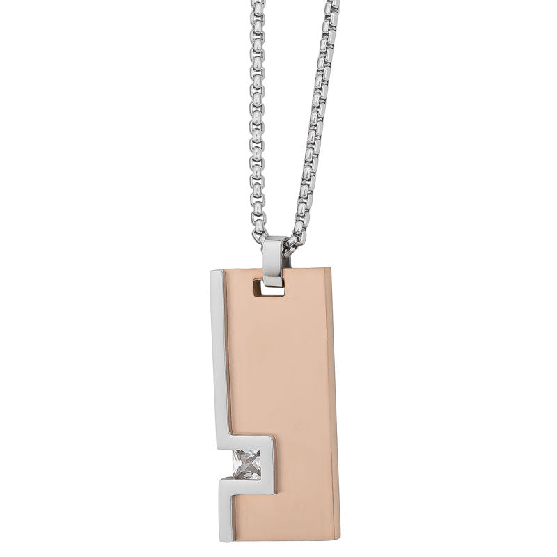 Silver and Rose Plated Stainless Steel ID Tag with 1 CZ Necklace