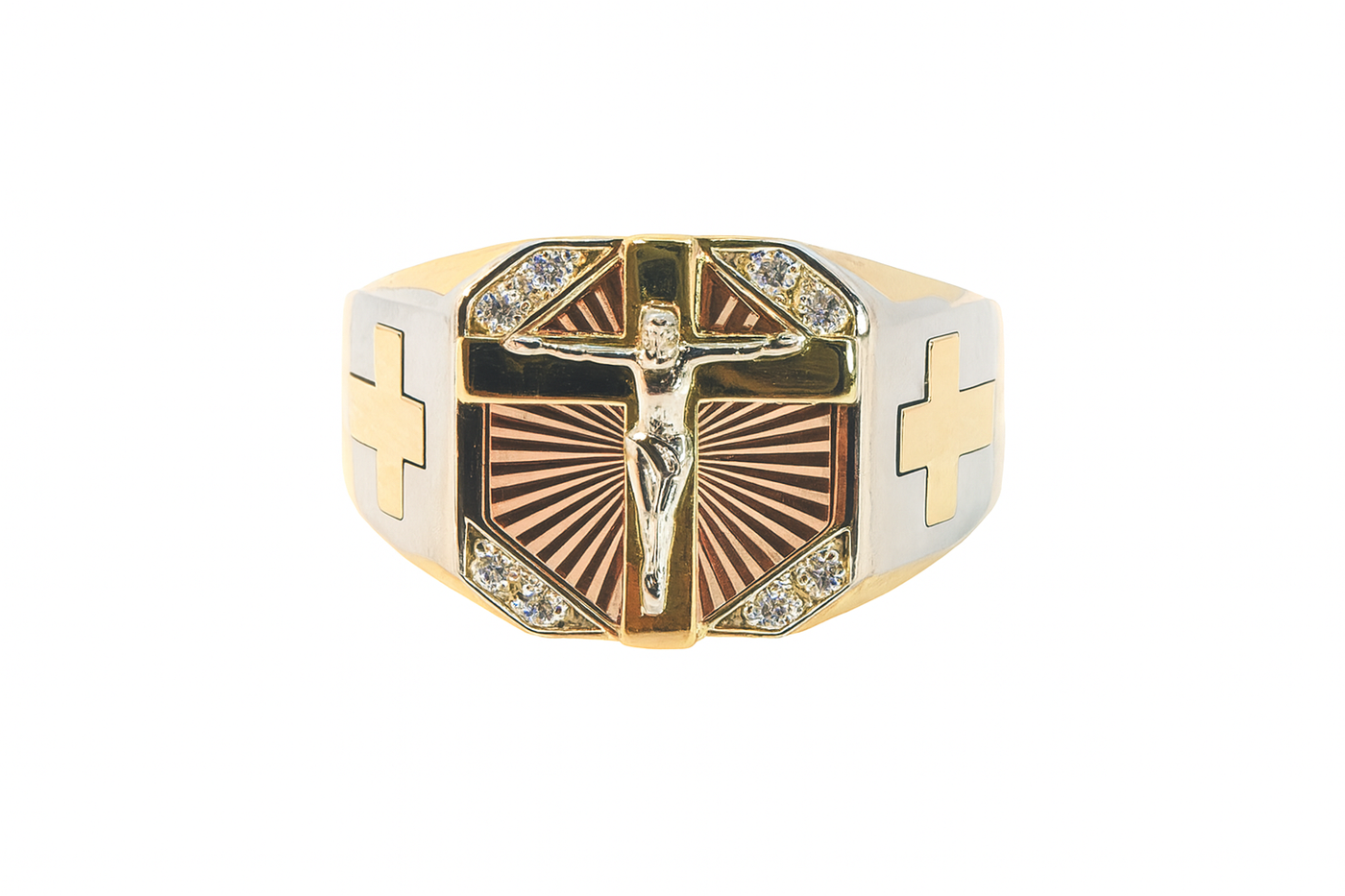 18k yellow white and rose gold cross signet ring size x