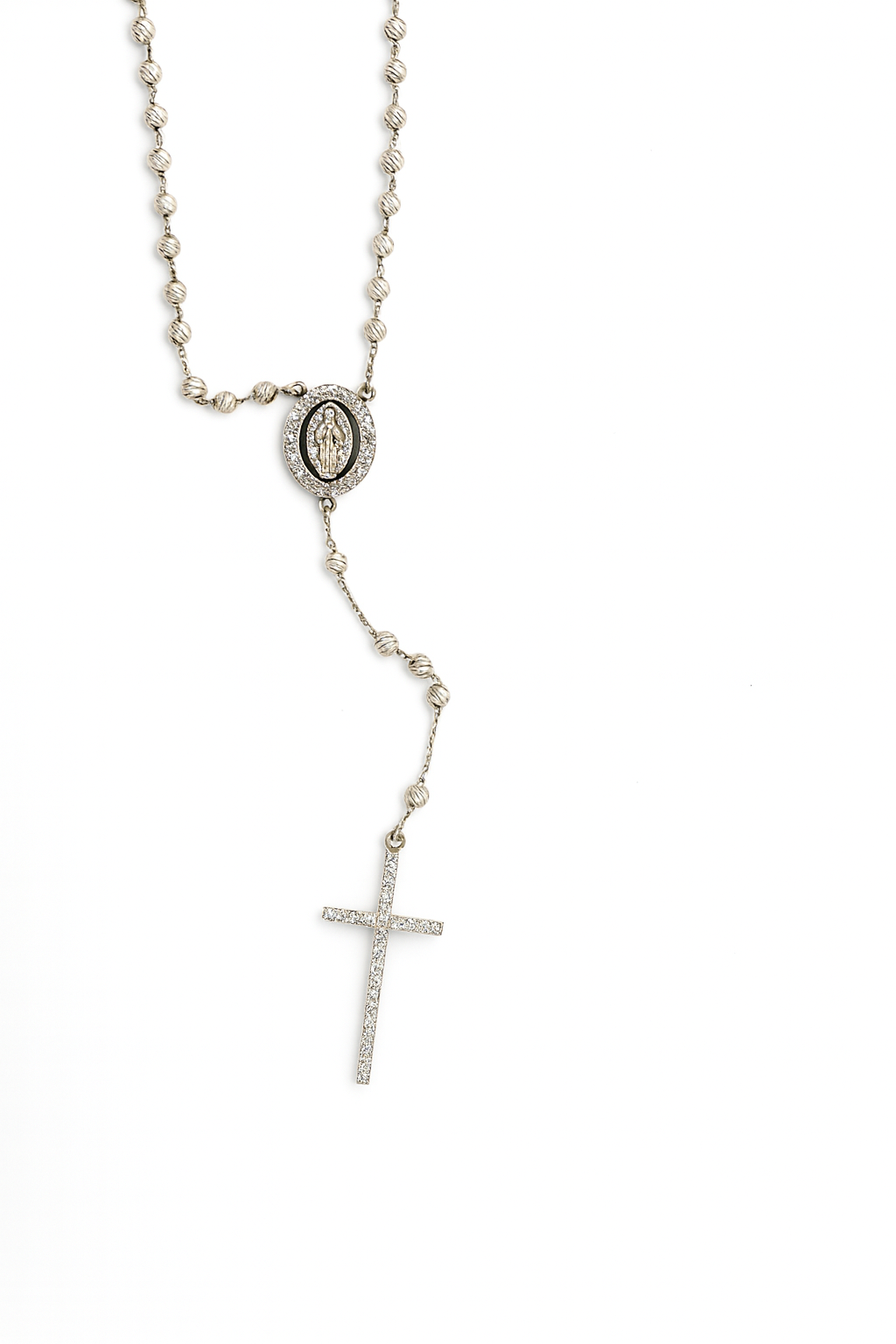 9k White gold Diamond cut rosary Necklace CZ