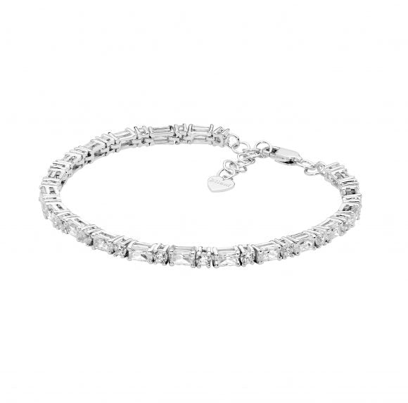 3.5mm round & baguette cubic zirconia 18cm tennis bracelet with extension chain.  Sterling Silver rhodium plated.