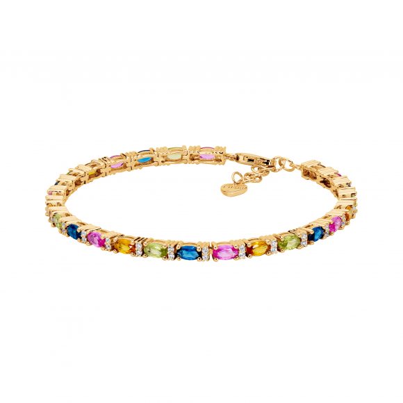 Sterling silver gold plated 18cm bracelet with extension chain, white and multi colour cubic zirconias.