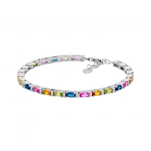 Sterling silver 18cm bracelet with extension chain, white and multi colour cubic zirconias.