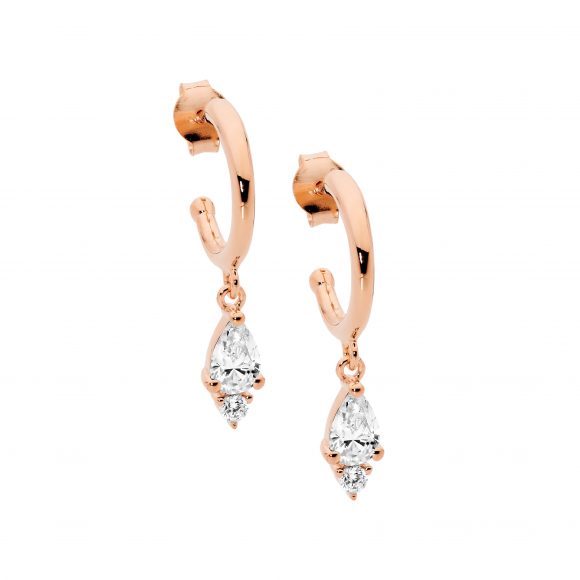 13mm hoop earrings set with cubic zirconias.  Sterling silver rose gold plated.