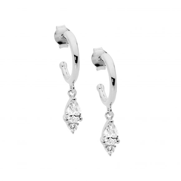 13mm hoop earrings set with cubic zirconias.  Sterling silver rhodium plated.