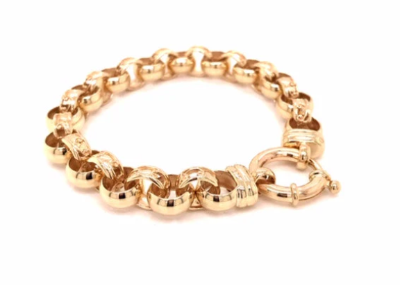 9k YG Round Belcher Bracelet 9mm wide with Bolt-Ring