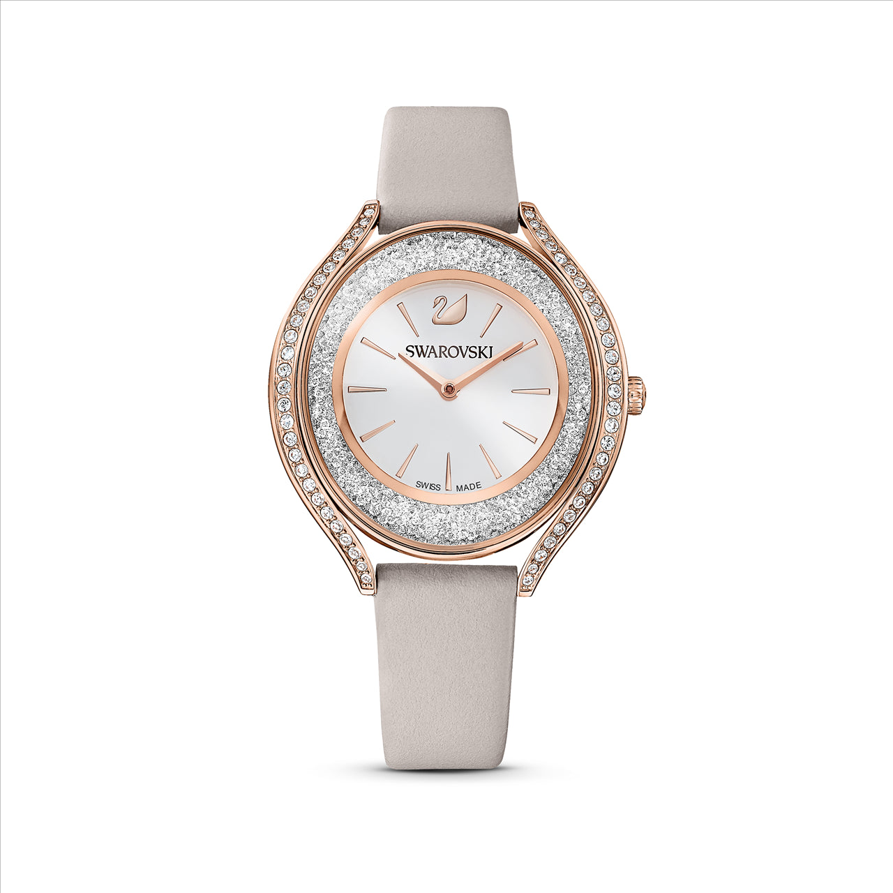 Crystalline Aura watch, Swiss Made, Leather strap, Grey, Rose gold-tone finish