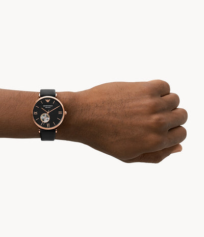 Emporio Armani Mens Automatic Black Leather Watch