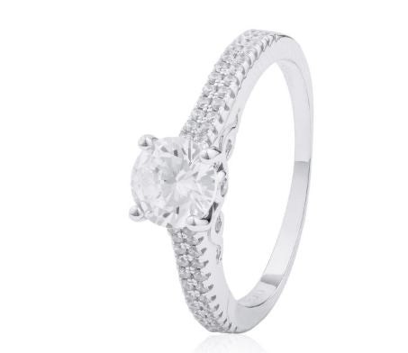 Round 4 Claw Rhodium plated Sterling Silver CZ Ring - 7