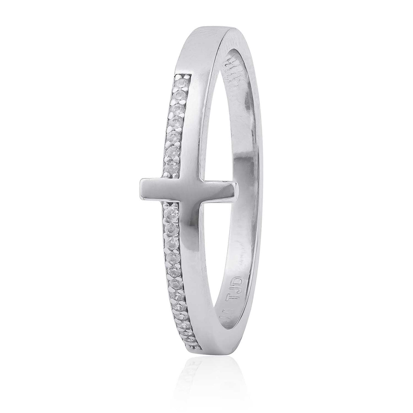 Rhodium Plated Sterling Silver Cross CZ Ring - 7