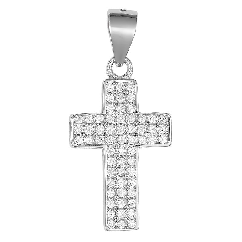 Rhodium Plated Sterling Silver Pave CZ Cross Pendant