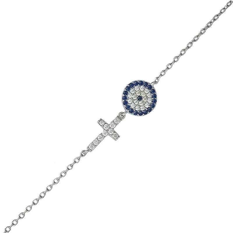 RHODIUM PLATED STERLING SILVER EYE CROSS BLUE AND YELLOW CZ BRACELET
