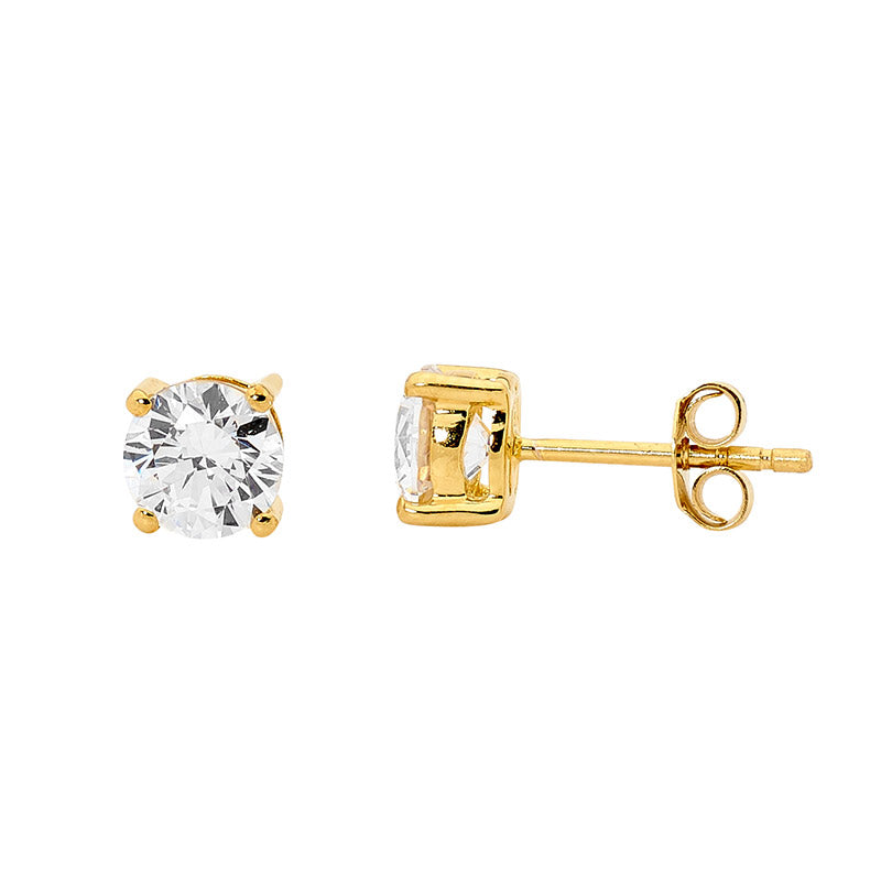SS 5MM Round WH CZ Claw Set Studs W/ Gold Plating