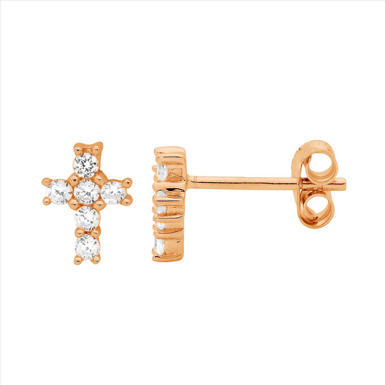 SS WH CZ Claw Set Small Cross Stud Earrings w/ Rose Gold Plating