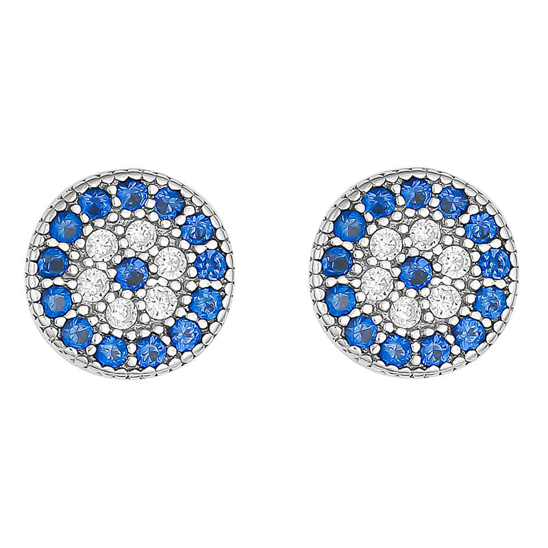 7.5mm Rhodium Plated Sterling Silver Round Blue Evil Eye Studs