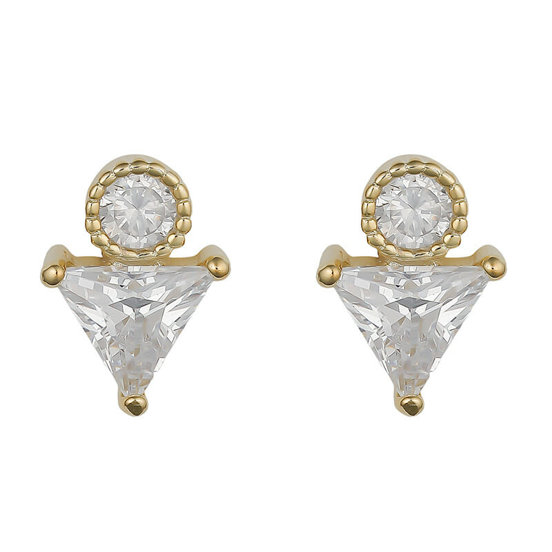Gold Plated Sterling Silver CZ Triangle Stud Earrings With Ball Screw Back