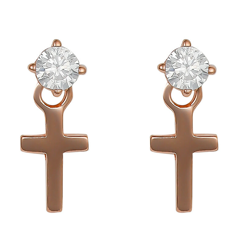 Rose Plated Sterling Silver Cross And CZ Stud Earrings With Ball Screw Back
