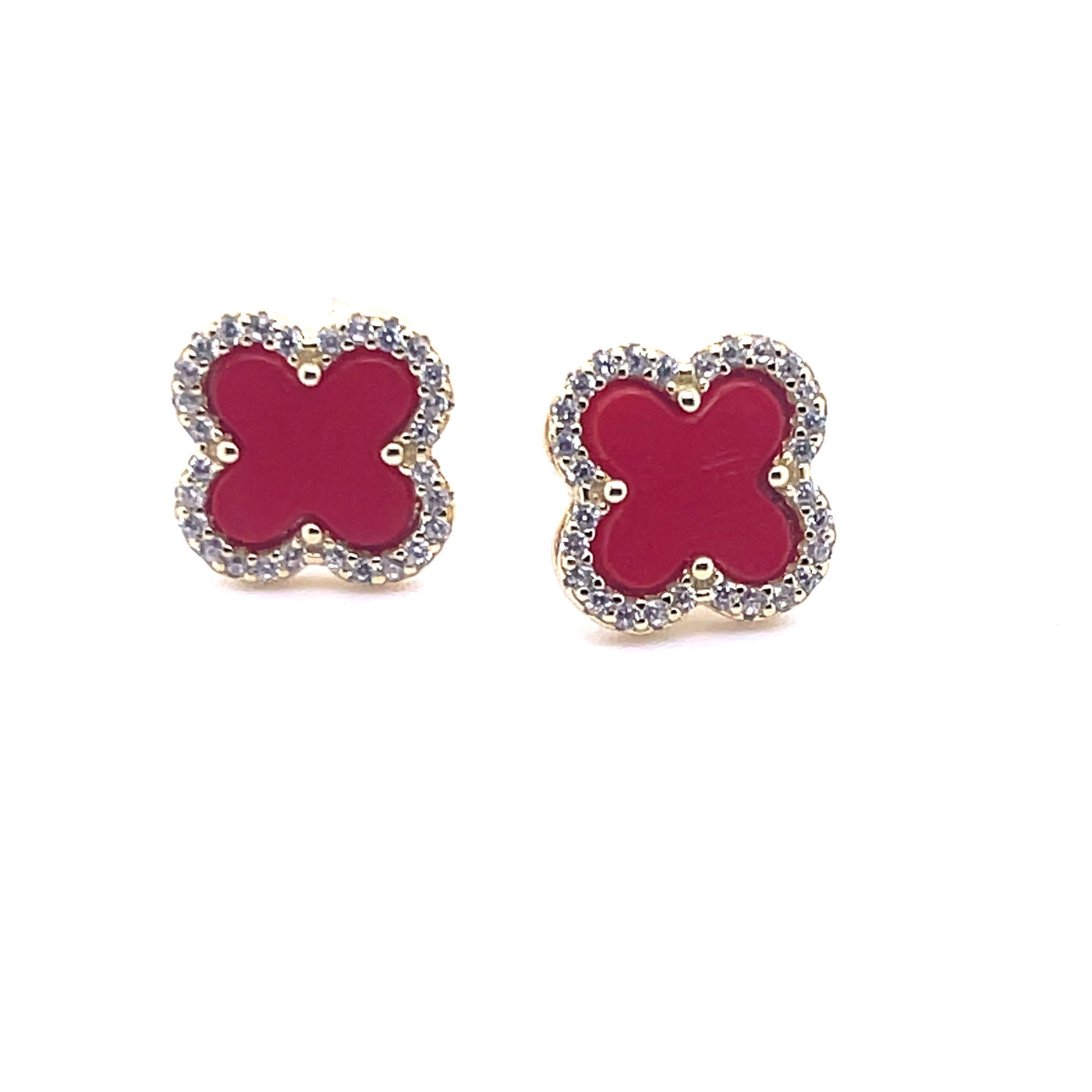 Sterling Silver Rhdoium Plated Clover Earrings With Cz red Centre Stone