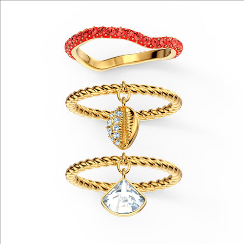 Swarovski Shell Ring Set, Red, Gold-tone plated